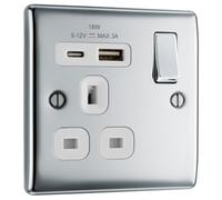 BG Electrical Single Switched Power Plug Wall Socket with Type A USB and Type C USB Charging Ports, Fast Charge, Round Edges, Nexus Metal, Polished Chrome, White Inserts,13A 18W NPC21UAC18W