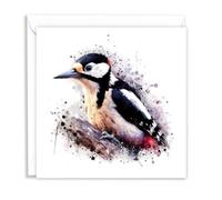 British Great Spotted Woodpecker Wild Birds Watercolour Splash Effect Artistic Blank Greeting Card