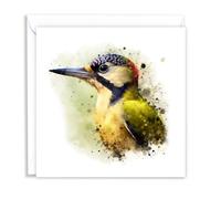 British Green Woodpecker Wild Birds Watercolour Splash Effect Artistic Blank Greeting Card