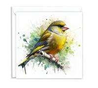British Greenfinch Wild Birds Watercolour Splash Effect Artistic Blank Greeting Card