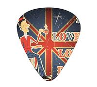 British Guitar Picks 12 Pack Universal ABS Guitar Picks,I Love London Quote English Man Drinking Tea on UK Flag Backdrop National Design,for Acoustic and Electric Guitar,Gold Dark Blue Red