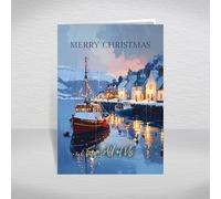 British Harbour Christmas Card from All of Us, Family, Friends - Peaceful Winter UK Coastal Fishing Village Scene, A5 Deluxe Card with a Special Verse Inside: From All of Us Christmas Card