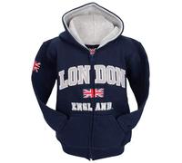 British Heritage Brands London England Kids Zip-Up Hoodie | Unisex Hooded Sweatshirt with Applique Embroidery & Union Jack Flag (Navy, Ages 1-13)