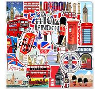 British London Stickers - 50 Pcs Union Jack, Red Buses, Travel Vinyl Stickers for Hydroflask, Laptop, Car, Waterproof