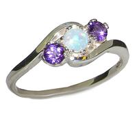 British Made 925 Sterling Silver Ring, Natural Opal & Amethyst Womens Trilogy Ring size R 1/2 purple stone