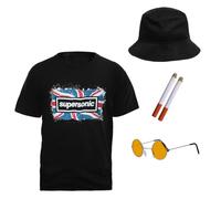 British Pop 1990s Set - Includes Black Bucket Hat, Supersonic Style T-Shirt, Retro Orange Round Glasses and 2 Fake Cigarettes for Fancy Dress Parties