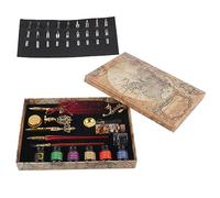 British Retro Feather Pen Set Elegant Handle European Style Quill Pen with Replacement Nibs for Collectors, Enthusiasts - Stainless Steel, Fire Lacquer, Wood (SP271906R gold wine red (round