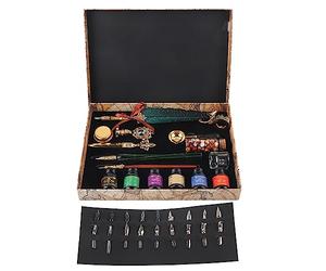 British Retro Feather Pen Set Elegant Handle European Style Quill Pen with Replacement Nibs for Collectors, Enthusiasts - Stainless Steel, Fire Lacquer, Wood (SP271935R sprinkled with gold