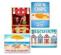 British Seaside Decorations - A3 Vintage Seaside Posters Pack of 4, Coastal Party Decorations, Beach Hut, Punch & Judy, Fish & Chips Wall Posters for Summer Parties, Garden Parties & Events