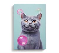 British Shorthair Cat Bubble Gum Painting Canvas Print | Gallery Wrapped 30mm Frame Wall Art | 30x20 inches | Ready to Hang | Modern Animals Picture | Living Room Bedroom Lounge Office