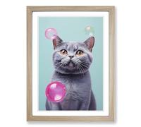 British Shorthair Cat Bubble Gum Painting Framed Print | A2 Oak Framed Wall Art | Ready to Hang | Modern Flag Picture | Living Room Bedroom Lounge Office
