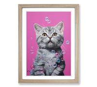 British Shorthair Cat Bubble Gum Painting No.2 Framed Print | A2 Oak Framed Wall Art | Ready to Hang | Modern Flag Picture | Living Room Bedroom Lounge Office