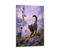 British Shorthair Cat Canvas Wall Art Birch Forest Print On Canvas Modern Artwork for Living Room Home Office Wall Decor Gift 16x24inch(40x60cm)