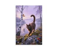 British Shorthair Cat Canvas Wall Art Birch Forest Print On Canvas Modern Artwork for Living Room Home Office Home Decor Gift 08x12inch(20x30cm)
