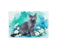 British Shorthair Cat Canvas Wall Art Flower Butterfly Print On Canvas Modern Artwork for Living Room Office Decoration Gift 08x12inch(20x30cm)