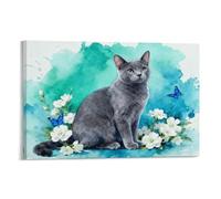 British Shorthair Cat Canvas Wall Art Flower Butterfly Print On Canvas Modern Artwork for Living Room Office Decorations Gift 20x30inch(50x75cm)