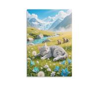 British Shorthair Cat Canvas Wall Art Grassland Print On Canvas Modern Artwork for Living Room Bedroom Home Office Decorations Gift 20x30inch(50x75cm)