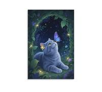 British Shorthair Cat Canvas Wall Art Midsummer Garden Print On Canvas Artwork for Bedroom, Living Room, Or Kitchen Wall Decor Gift 08x12inch(20x30cm)