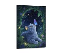 British Shorthair Cat Canvas Wall Art Midsummer Garden Print On Canvas Modern Artwork for Living Room Home Office Decoration Gift 16x24inch(40x60cm)