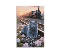 British Shorthair Cat Canvas Wall Art Railway Train Print On Canvas Modern Artwork for Living Room Home Office Home Decor Gift 16x24inch(40x60cm)