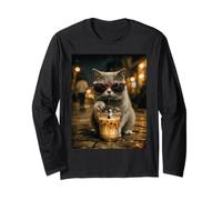 British Shorthair Cat Drinking Ice Coffee Funny Animal Long Sleeve T-Shirt