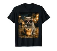 British Shorthair Cat Drinking Ice Coffee Funny Animal T-Shirt