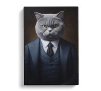 British Shorthair Cat in a Suit Painting Canvas Print | Gallery Wrapped 30mm Frame Wall Art | 30x20 inches | Ready to Hang | Modern Animals Picture | Living Room Bedroom Lounge Office