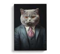 British Shorthair Cat in a Suit Painting No.3 Canvas Print | Gallery Wrapped 30mm Frame Wall Art | 30x20 inches | Ready to Hang | Modern Animals Picture | Living Room Bedroom Lounge Office
