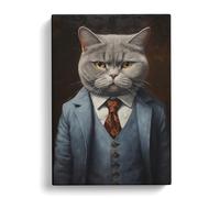 British Shorthair Cat in a Suit Painting No.4 | Canvas Wall Art Print | Framed Ready to Hang Picture | Modern Art for Living Room Bedroom Kitchen Home | 24x16 Inch