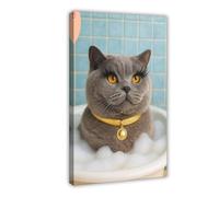 British Shorthair Cat in Bathtub Canvas Poster Bedroom Decor Landscape Office Room Decor Gift 12x18inch(30x45cm)