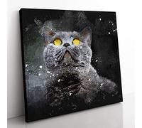 British Shorthair Cat in the Shadows Paint Splash Modern Canvas Wall Art Print Ready to Hang, Framed Picture for Living Room Bedroom Home Office Décor, 35x35 cm (14x14 Inch)