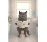 British Shorthair Cat Reading Newspaper on Toilet Art Print, Funny Modern Bathroom Decor. Size A4