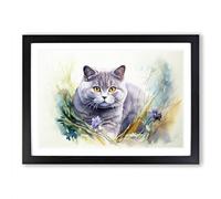 British Shorthair Cat Watercolour Framed Print | A2 Black Framed Wall Art | Ready to Hang | Modern Flag Picture | Living Room Bedroom Lounge Office