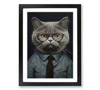 British Shorthair Cat with Glasses Painting Framed Print | A2 Black Framed Wall Art | Ready to Hang | Modern Flag Picture | Living Room Bedroom Lounge Office
