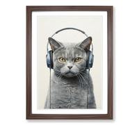 British Shorthair Cat with Headphones Framed Print | A2 Walnut Framed Wall Art | Ready to Hang | Modern Flag Picture | Living Room Bedroom Lounge Office