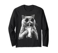 British Shorthair Drinking Iced Coffee Funny Cat Meme Grunge Long Sleeve T-Shirt