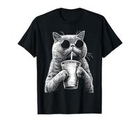 British Shorthair Drinking Iced Coffee Funny Cat Meme Grunge T-Shirt