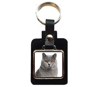British Shorthair Grey Cat Pet Black Leather Square Key Fob in A Velvet Gift Bag