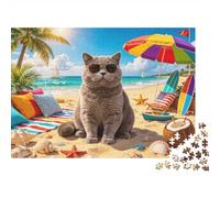 British Shorthair Jigsaw Puzzles 1000 Piece Recyclable Material Summer Beach Puzzle for Adults Great Gift Idea Fun Family Gaming Time Activity 70x50cm/1000pcs