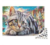 British Shorthair Paper Tabby Cat on Canal Wall Jigsaw Puzzle Set Mind Stimulating Secret Santa Gift 38x26cm/1000pcs