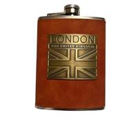 British Souvenir Stainless Steel Hip Flask with London Union Jack Emblem and Brown Leather Cover, 8 OZ England Collectable Gift