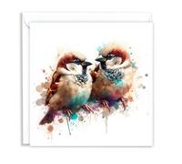 British Sparrows Wild Birds Watercolour Splash Effect Artistic Blank Greeting Card