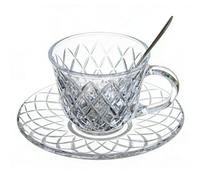 British Style Clear Glass Cup and Saucer Set with Spoon, 200ml Vintage Diamond Embossed Tea Cup with Handle, Coffee Cup for Cappuccino, Latte, Espresso, English Afternoon Tea, Dessert Plate