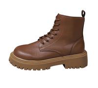 British Style Combat Boots, Chunky Platform Ankle Boots, Synthetic Leather Upper, Gold and Brown, Lace-Up Design, 3.8 cm Lugged Sole, Motorcycle Style