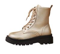 British Style Combat Boots, Chunky Platform Ankle Boots, Synthetic Leather Upper, Gold and Brown, Lace-Up Design, 3.8 cm Lugged Sole, Motorcycle Style