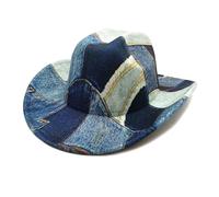 British Style Jazz Western Denim Cowboy Hat for Women Man Tie Dye Patchwork Wide Brim Bucket Hat for Costume Dress Up Party Cosplay (A-01, ONE Size)