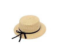 British Style Straw Hat Woven from Wheat Flat Top Wide Brim Sunshade for Beach Vacation Knot Women Summer(Straw Grass~5cm Brim)
