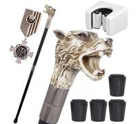 British Style Wolf Hiking Cane, Handmade Aluminum Alloy Walking Stick with Decorative Wolf Head Handle for Men Women & Seniors