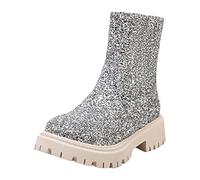 British Style Women's Ankle Boots Fashion Low Heel Leather Casual Footwear with Sequin Detailing and Side Zipper Design for Everyday Comfort (Silver, 7)