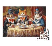 British Tea Time 1000 Piece Cat Jigsaw Puzzle for Adults Thick Paper Home Décor Brain Training Cat Theme Paper Puzzle 52x38cm/1000pcs